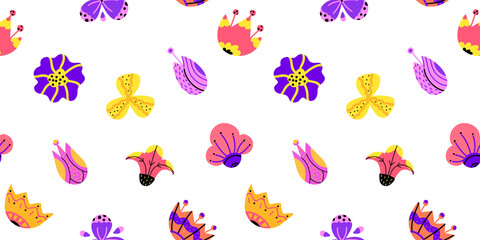 Floral seamless pattern on white background. Pattern with bright blooming flowers in cartoon style.Decorative exotic print for wallpaper and fabric.Vector illustration.