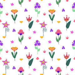 Floral bright seamless pattern on white background. A pattern with flowers in the scandinavian style.Folk neon print.Vector illustration.