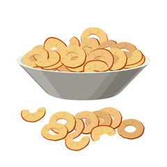 Dried apples, apple slices in bowl, pile of dry apples in flat design isolated on white backgtound.