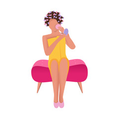 Hair curlers. Woman sitting in a towel, applying makeup to her face. Vector. Close-up. Cartoon drawing.