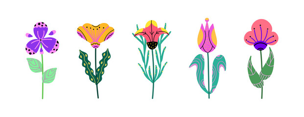 Obraz premium Set of flowers isolated on a white background. Bright blooming flowers for card,postcard,poster,advertising design.Collection of floral design. Colorful botanical vector illustration in cartoon style.