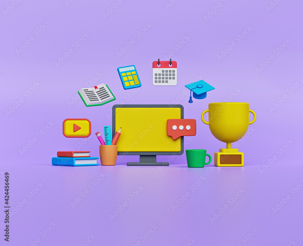 Poster online education, learning concept with computer monitor. minimal design. 3d rendering