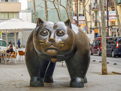 sculpture "El Gato de Botero"  in Barcelona. The sculpture is a main attraction at the "Rambla del Raval" in Barcelona