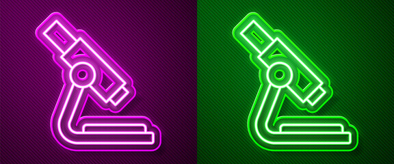 Glowing neon line Microscope icon isolated on purple and green background. Chemistry, pharmaceutical instrument, microbiology magnifying tool. Vector