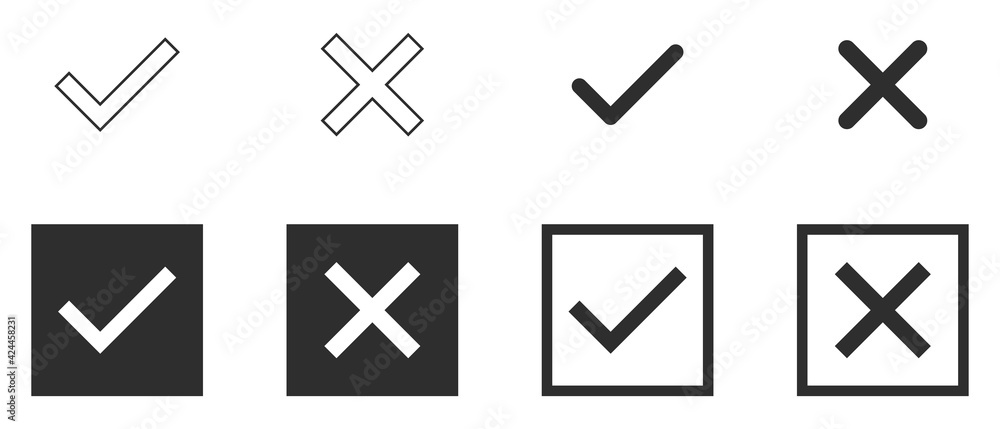 Poster set of black and white tick and cross. simple chek marks icon. yes or no accept and decline symbol. 