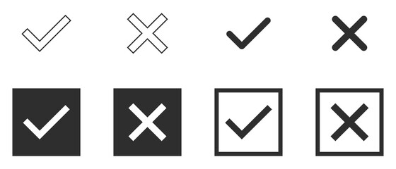 Set of black and white tick and cross. Simple chek marks icon. YES or NO accept and decline symbol. Buttons for vote, election choice. Empty, square frame. Check mark OK and X icons. Vector
