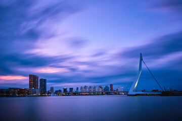 View of Erasmus Bridge Erasmusbrug and Rotterdam skyline. Rotterdam, Netherlands