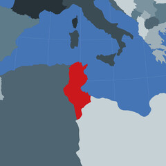 Shape of the Tunisia in context of neighbour countries. Country highlighted with red color on world map. Tunisia map template. Vector illustration.