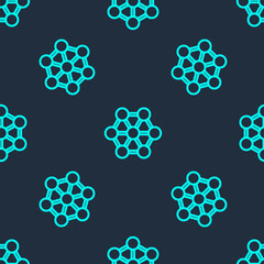 Fototapeta na wymiar Green line Molecule icon isolated seamless pattern on blue background. Structure of molecules in chemistry, science teachers innovative educational poster. Vector