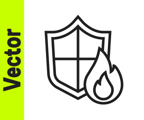 Black line Fire protection shield icon isolated on white background. Insurance concept. Security, safety, protection, protect concept. Vector