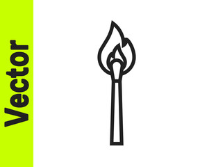 Black line Burning match with fire icon isolated on white background. Match with fire. Matches sign. Vector