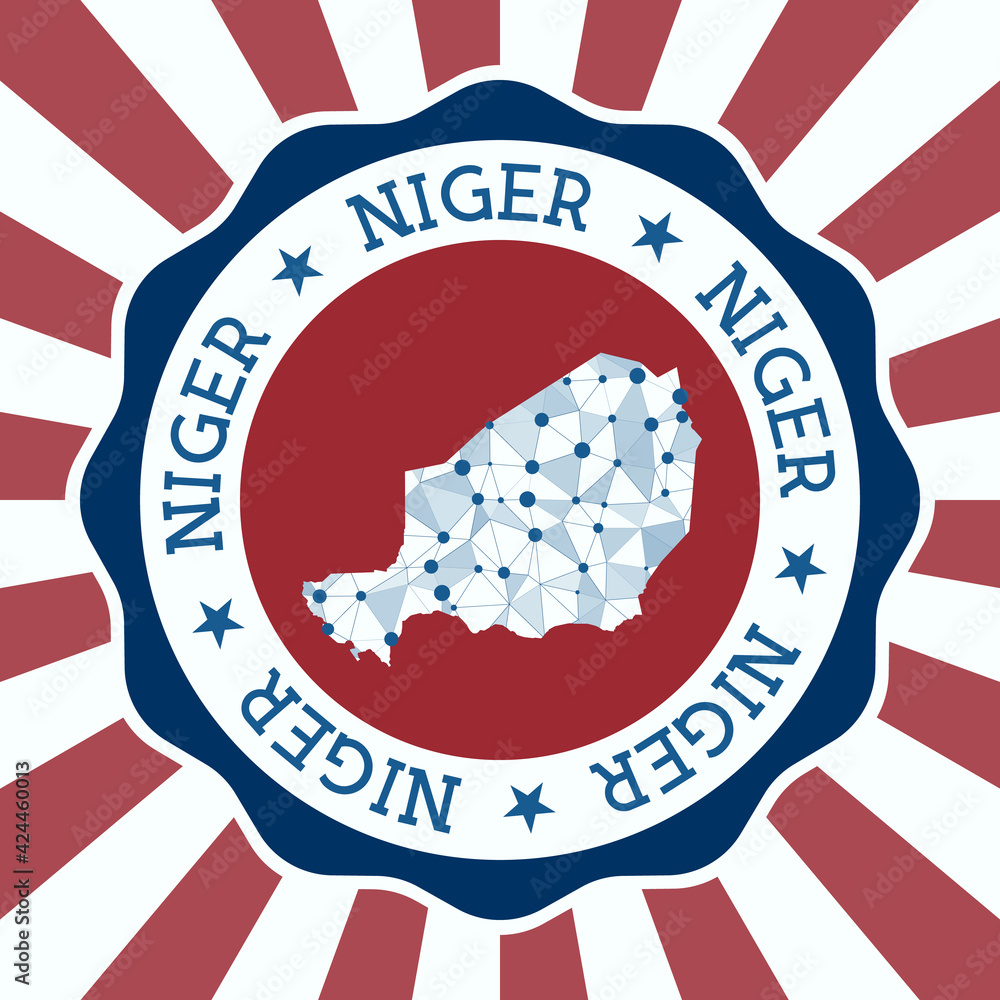 Poster niger badge. round logo of country with triangular mesh map and radial rays. eps10 vector.