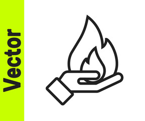 Black line Hand holding a fire icon isolated on white background. Insurance concept. Security, safety, protection, protect concept. Vector