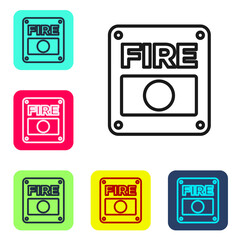 Black line Fire alarm system icon isolated on white background. Pull danger fire safety box. Set icons in color square buttons. Vector