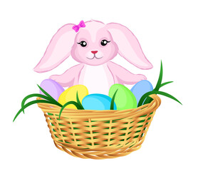 Easter bunny in  basket with decorated eggs. Vector illustration.