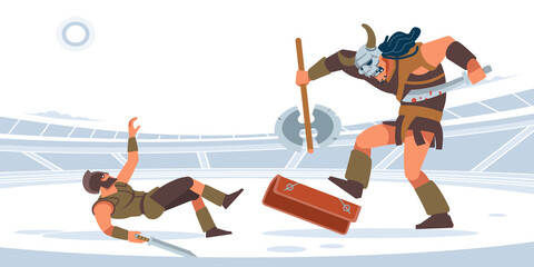 Gladiatorial fight. A giant warrior defeats a Gladiator in the arena of the Colosseum.Vector isolated illustration. Flat cartoon style