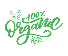 Organic brush lettering. Hand drawn word organic with green leaves. Label, logo template for organic products, healthy food markets.