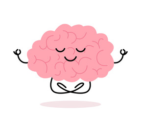 Happy healthy brain mind character meditation yoga relax. Health brain mental organ sit in lotus, keep calm. Vector flat illustration - obrazy, fototapety, plakaty