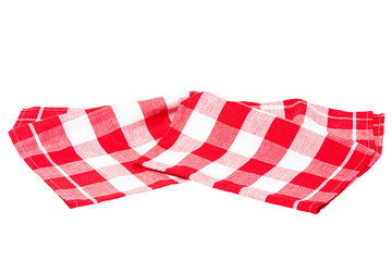 Fototapeta premium Closeup of a red and white checkered napkin or tablecloth texture isolated on white background. Kitchen accessories.