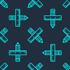 Green line Crossed ruler and pencil icon isolated seamless pattern on blue background. Straightedge symbol. Drawing and educational tools. Vector