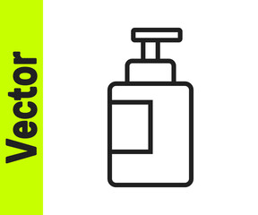 Black line Hand sanitizer bottle icon isolated on white background. Disinfection concept. Washing gel. Alcohol bottle for hygiene. Vector