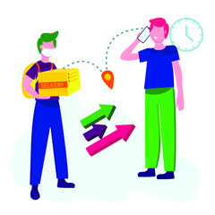 Online delivery service, online order tracking, home and office delivery. A truck, a scooter, a masked courier. Vector illustration