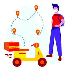 Online delivery service, online order tracking, home and office delivery. A truck, a scooter, a masked courier. Vector illustration