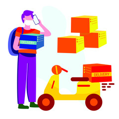 Online delivery service, online order tracking, home and office delivery. A truck, a scooter, a masked courier. Vector illustration