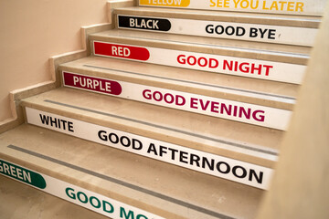 english terms and colors on the elementary school staircase