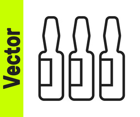 Black line Medical vial, ampoule, bottle icon isolated on white background. Vaccination, injection, vaccine healthcare concept. Vector