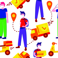 Online delivery service, online order tracking, home and office delivery. A truck, a scooter, a masked courier. Vector illustration