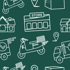 Online delivery service, online order tracking, home and office delivery. A truck, a scooter, a masked courier. Vector illustration