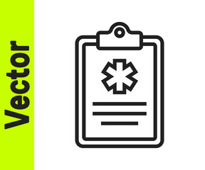 Black line Medical clipboard with clinical record icon isolated on white background. Health insurance form. Prescription, medical check marks report. Vector