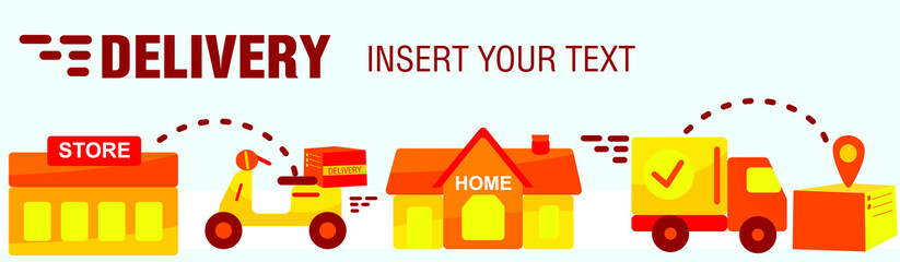 Online delivery service, online order tracking, home and office delivery. A truck, a scooter, a masked courier. Vector illustration