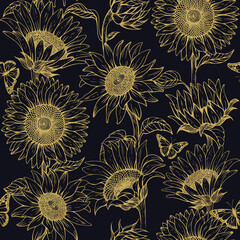 A pattern with a field of sunflowers made with a golden texture in a sketch style on a black background.