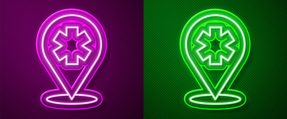 Glowing neon line Medical map pointer with cross hospital icon isolated on purple and green background. Vector