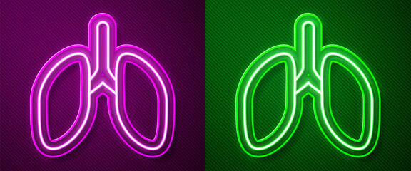 Glowing neon line Lungs icon isolated on purple and green background. Vector