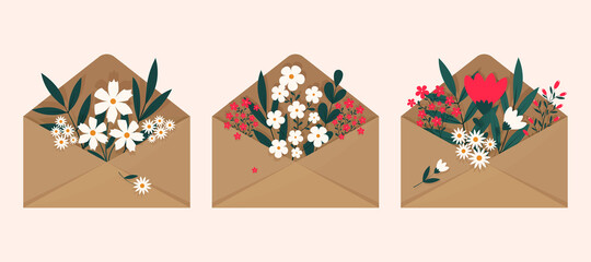 A set of flowers inside an envelope on a light background. Flat illustration design. Illustration of an envelope with daisies, green and red flowers. Flowers inside the envelope