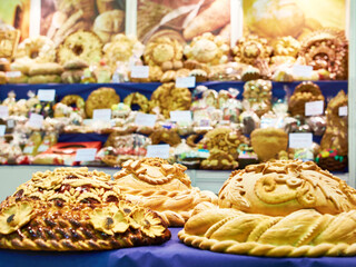 Beautiful russian loaf of bread in bakery