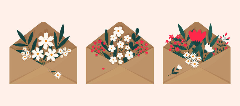 A set of flowers inside an envelope on a light background. Flat illustration design. Illustration of an envelope with daisies, green and red flowers. Flowers inside the envelope