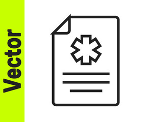 Obraz premium Black line Medical clipboard with clinical record icon isolated on white background. Health insurance form. Prescription, medical check marks report. Vector