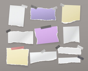 White, colorful torn note, notebook paper pieces are on dark grey background for text, advertising or design. Vector illustration