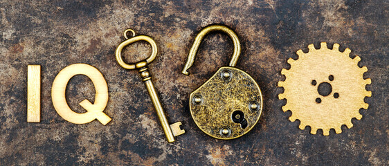 Intelligence quotient, iq test score and level concept, key, padlock and gear. Success web banner.