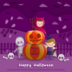 Halloween party in paper art style with childs wearing devil, ghost, witch costume. greeting card and posters. Vector illustration.