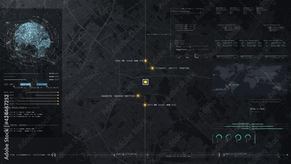 Leinwandbilder Futuristic digital city map layout with satellite GPS coordinate searching and target tracking, interface head up display screen with data telemetry information for background display