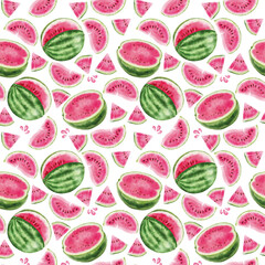 Seamless pattern with watercolor watermelon slices on white background. Perfect for wrapping paper and fabric textile.

