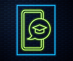 Glowing neon line Graduation cap on screen smartphone icon isolated on brick wall background. Online learning or e-learning concept. Vector