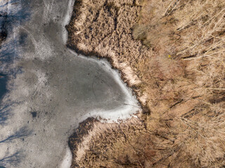 Bank of the river. Aerial drone view.