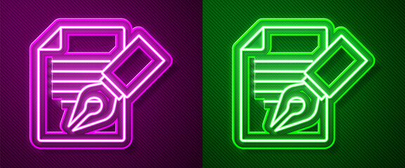 Glowing neon line Exam sheet and pencil with eraser icon isolated on purple and green background. Test paper, exam, or survey concept. School test or exam. Vector