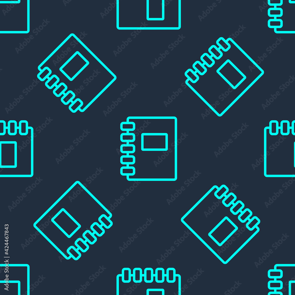 Poster green line notebook icon isolated seamless pattern on blue background. spiral notepad icon. school n